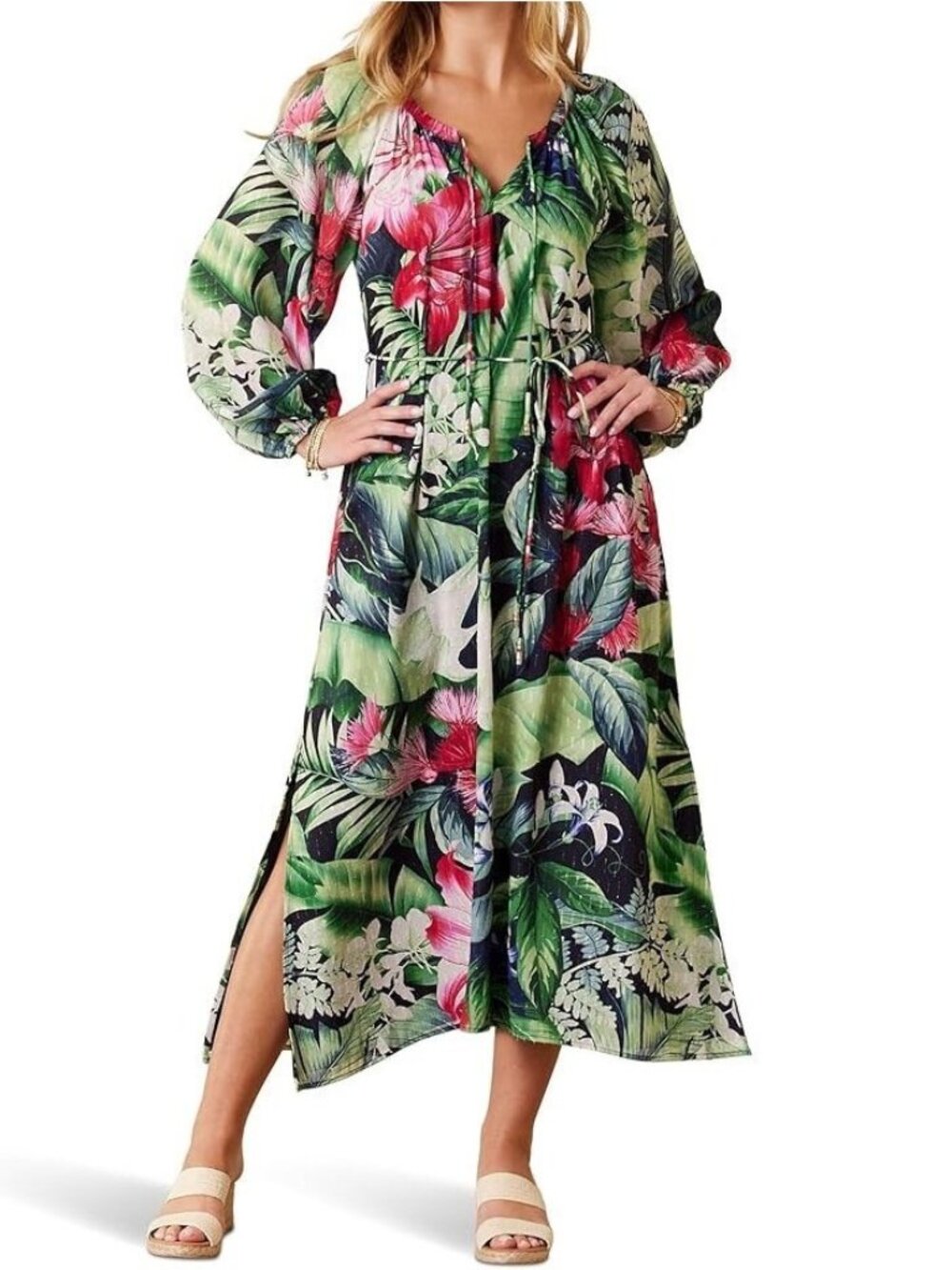 Tommy Bahama Women's Celebration Tropical Print Long Sleeve Maxi Dress Size XS